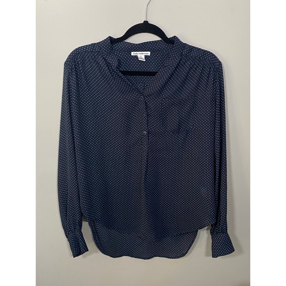 Dalia Collection Button Up Blouse Womens Medium Navy Polka Dot Excellent Smocked